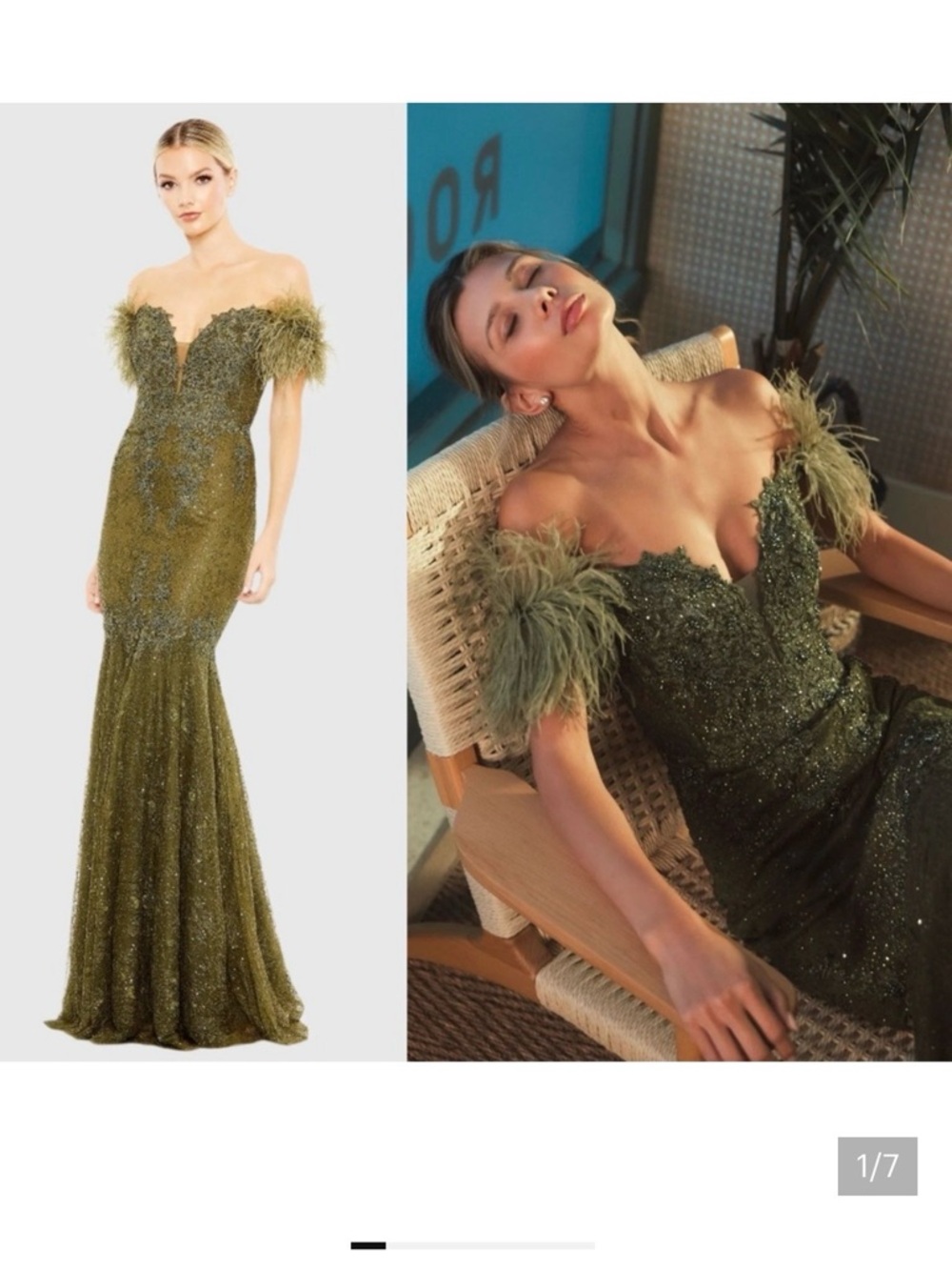 Mac Duggal Olive Feather-Trim Off-Shoulder Mermaid Gown